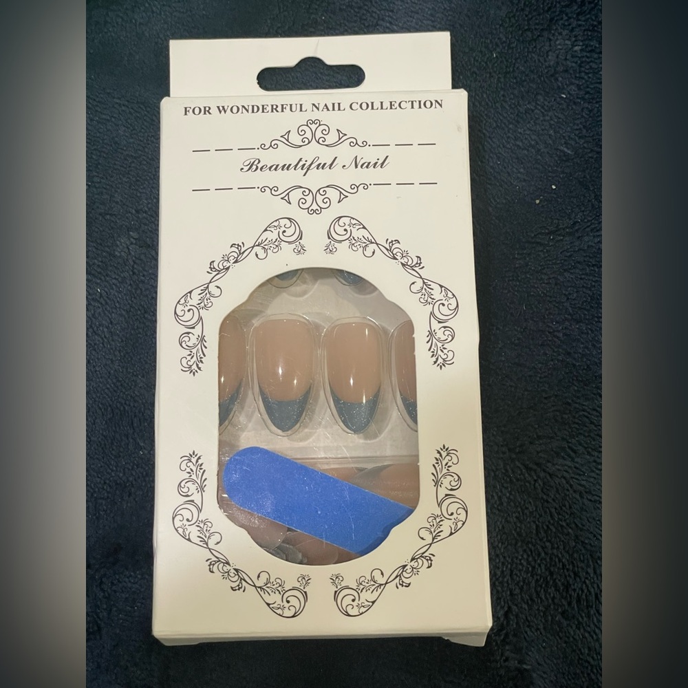 Blue cat eye French tip press on nails